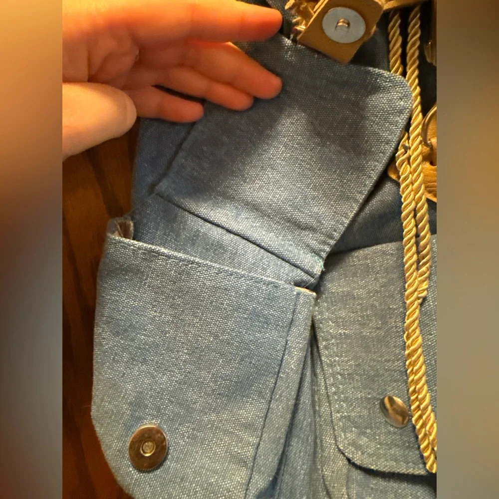 Blue and Tan Drawstring Backpack